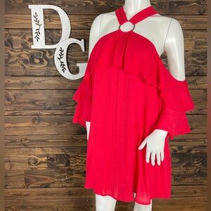 Entro | Vibrant Coral Hot Pink Cold Shoulder Ring Halter Neck Shift Dress Ruffle